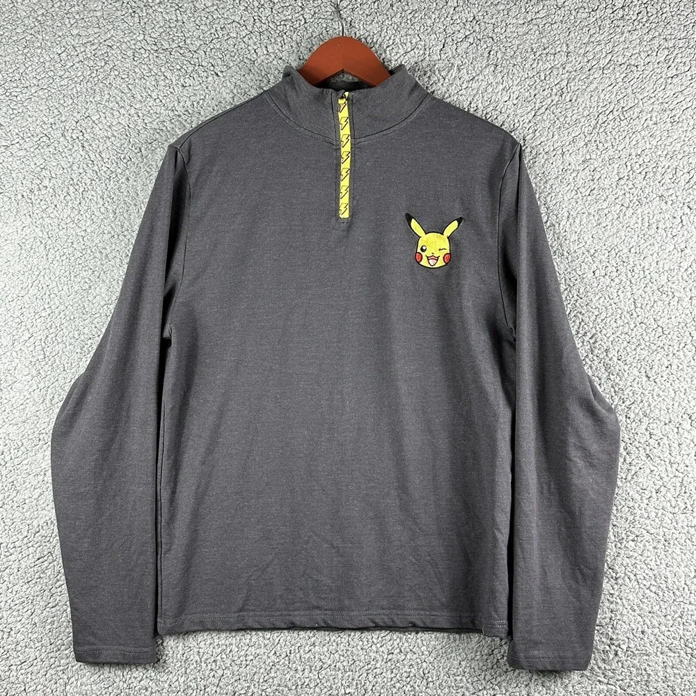 Pokemon Pikachu Sweater Gray Long Sleeve Unisex S Embroidered Logo Bolt Zipper - Picture 1 of 11